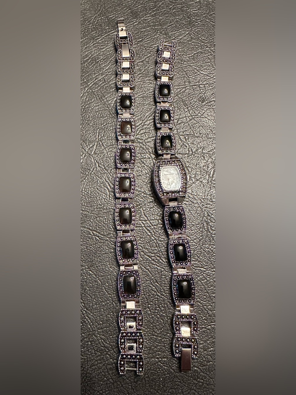 Renaissance Black Stone Link Bracelet and Watch Set with Crystal Accents